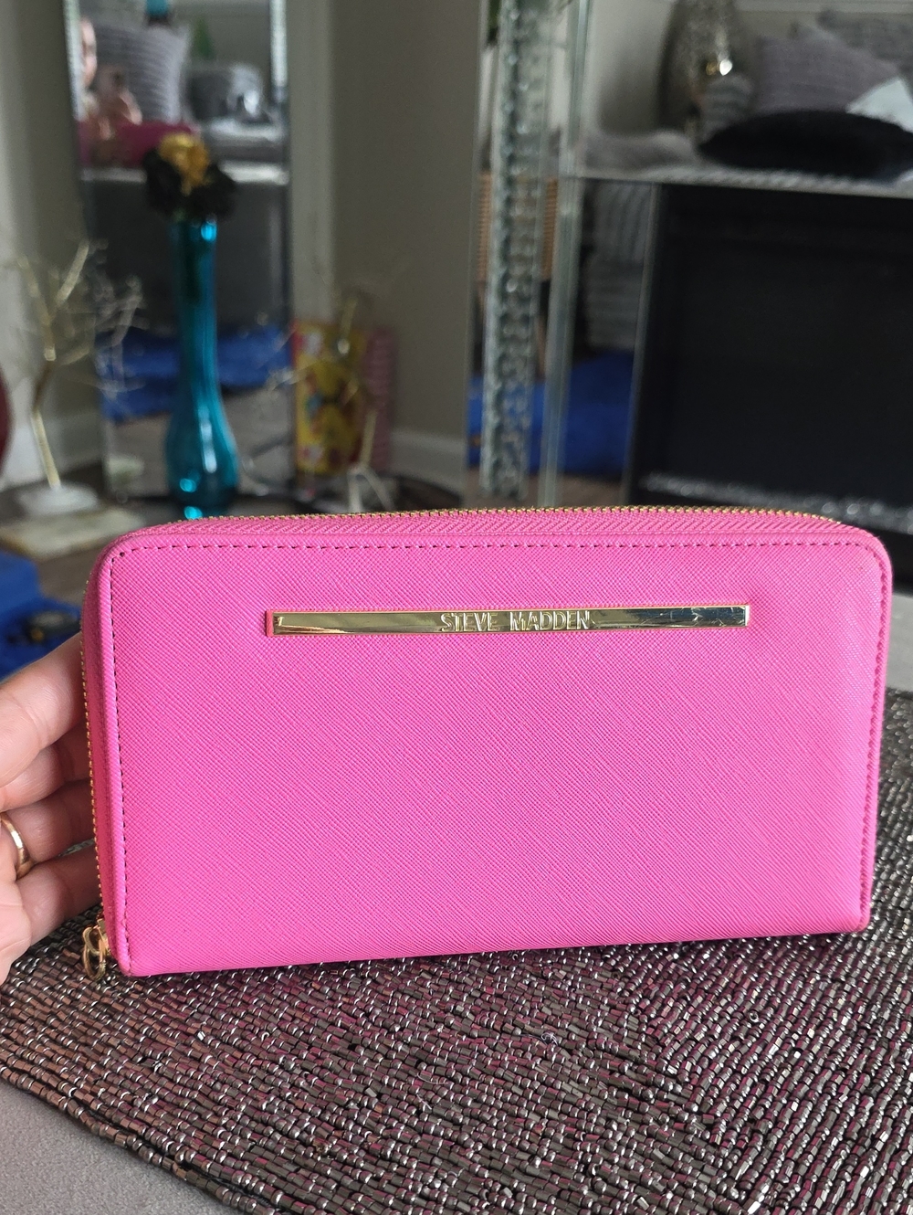 Steve Madden Hot Pink Zip Wallet with Gold Bar